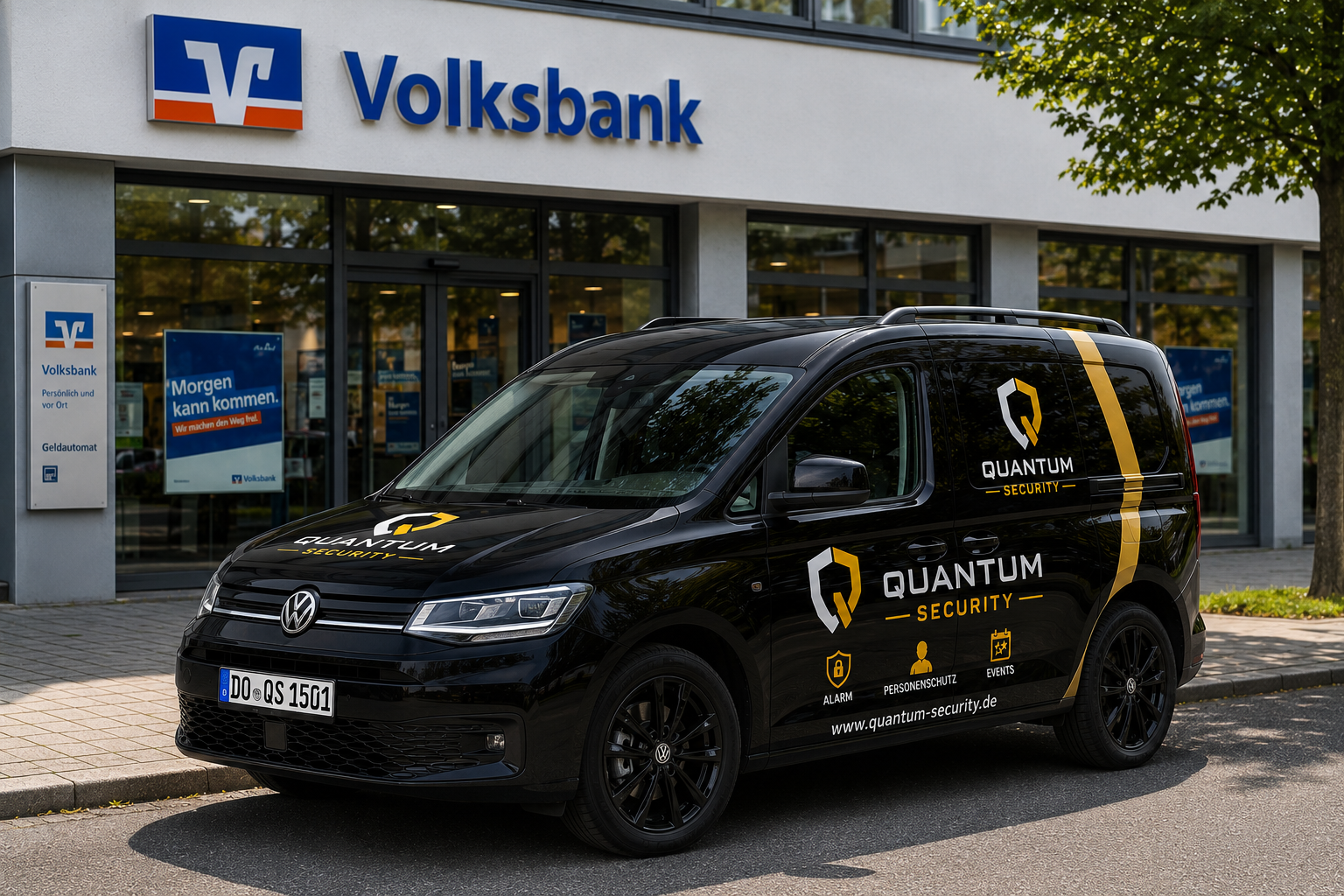 Quantum Security Kurierfahrzeug vor einer Bank
