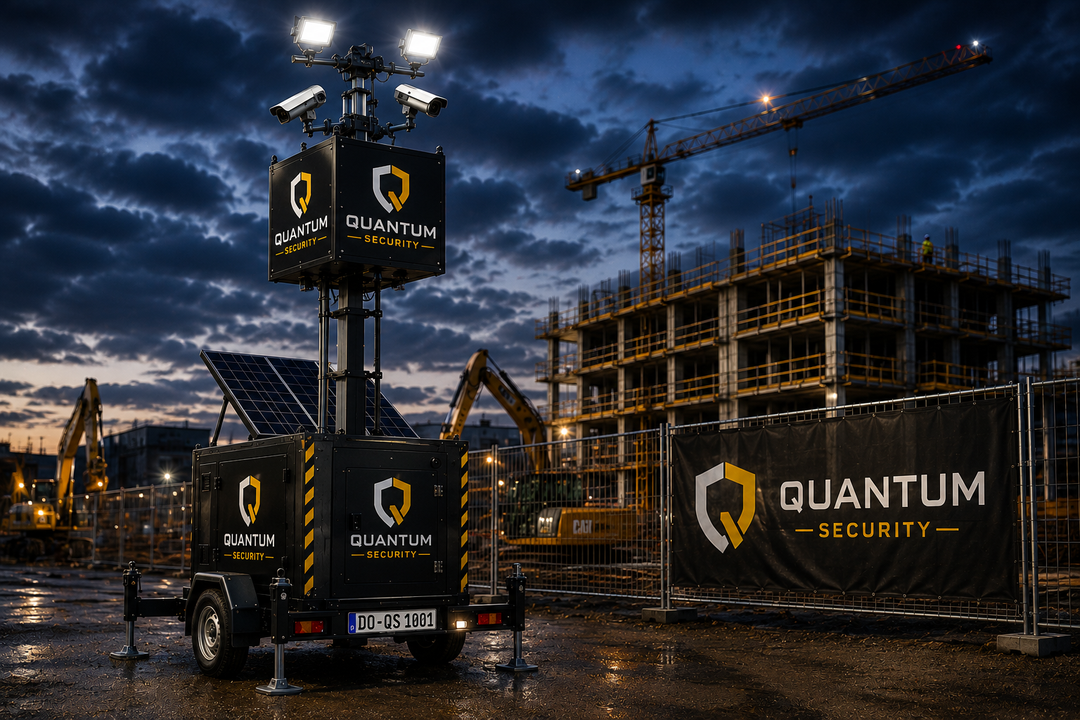 Mobiler Quantum Security Videoturm auf einer Baustelle